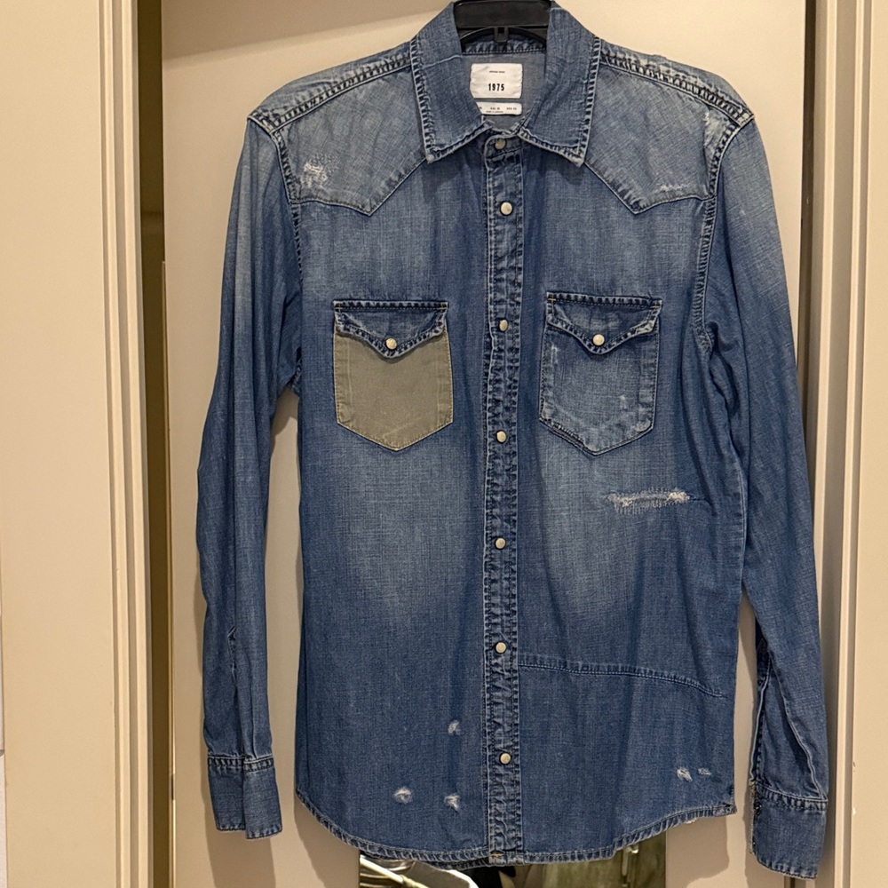 Denim Button-Up Shirt with Distressed Details
